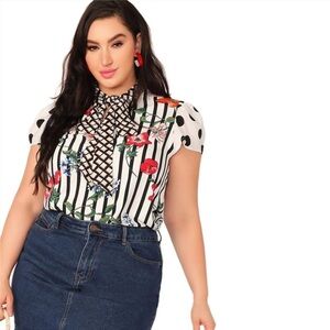 Curvy Tie Neck Mixed Floral Print Blouse